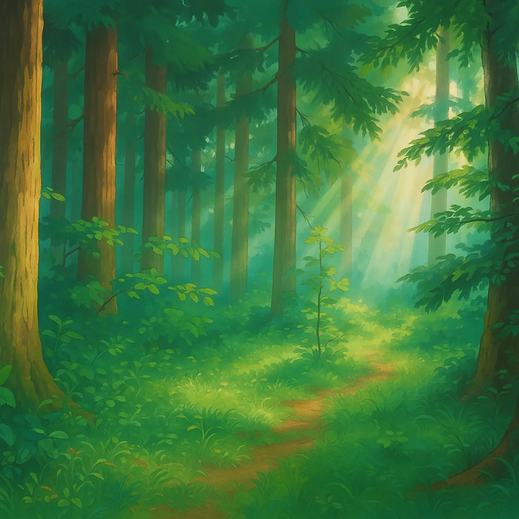 Bright forest interior with sunlight streaming through trees